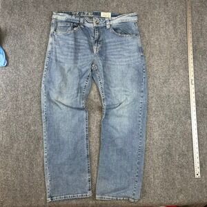 TK Axel Slim Boot Jeans Mens 38x32 Light Wash Blue Denim Flap Pocket Distressed